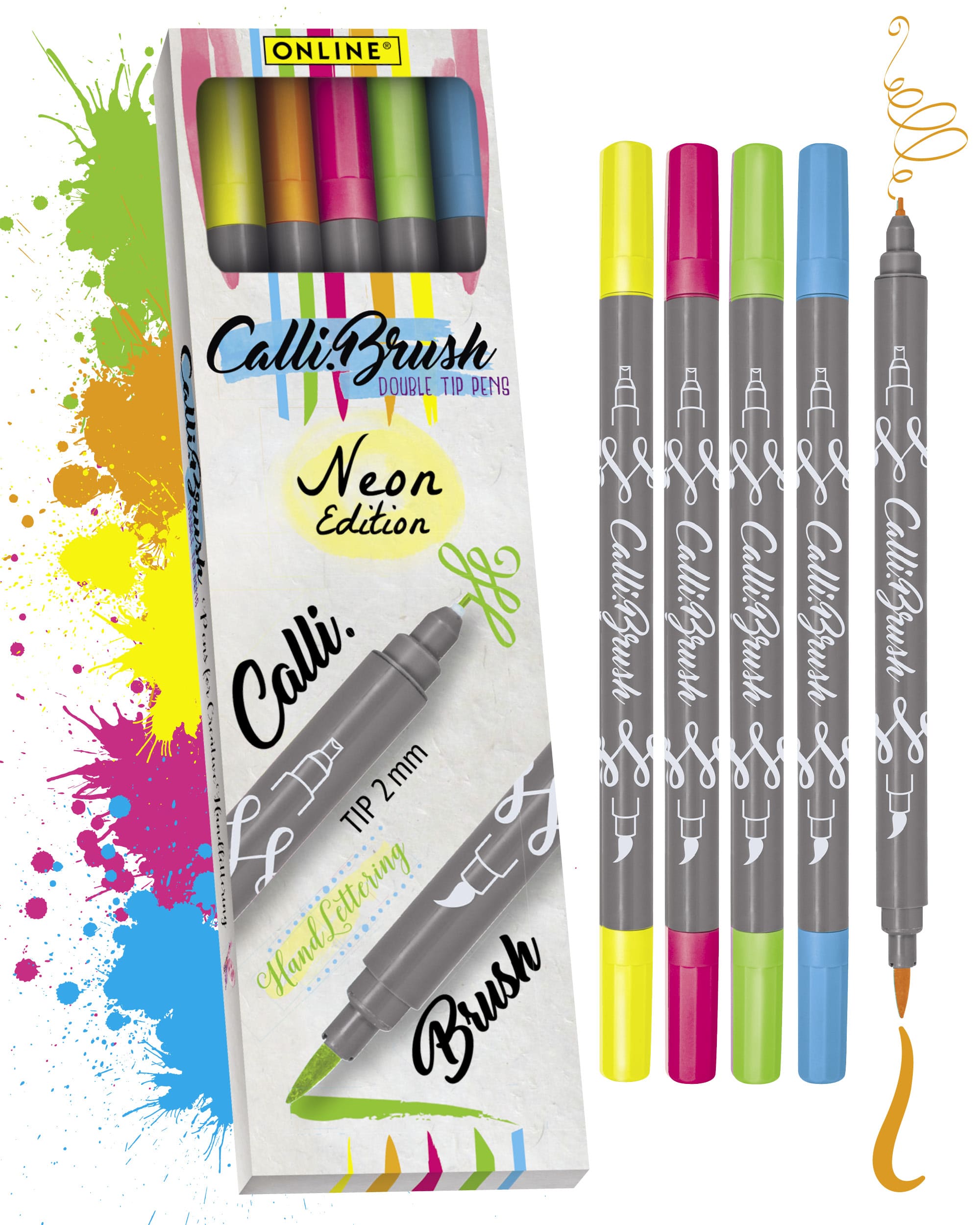 Online Calligraphy Brush NEON Brush Pens – Set of 5 (Double Tip)