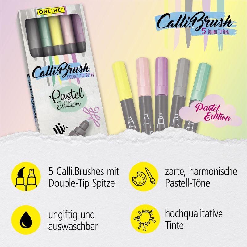 Online Calli.Brush Pens – Pastel Edition | Double Tip Calligraphy & Brush Pens 5 Colours Set