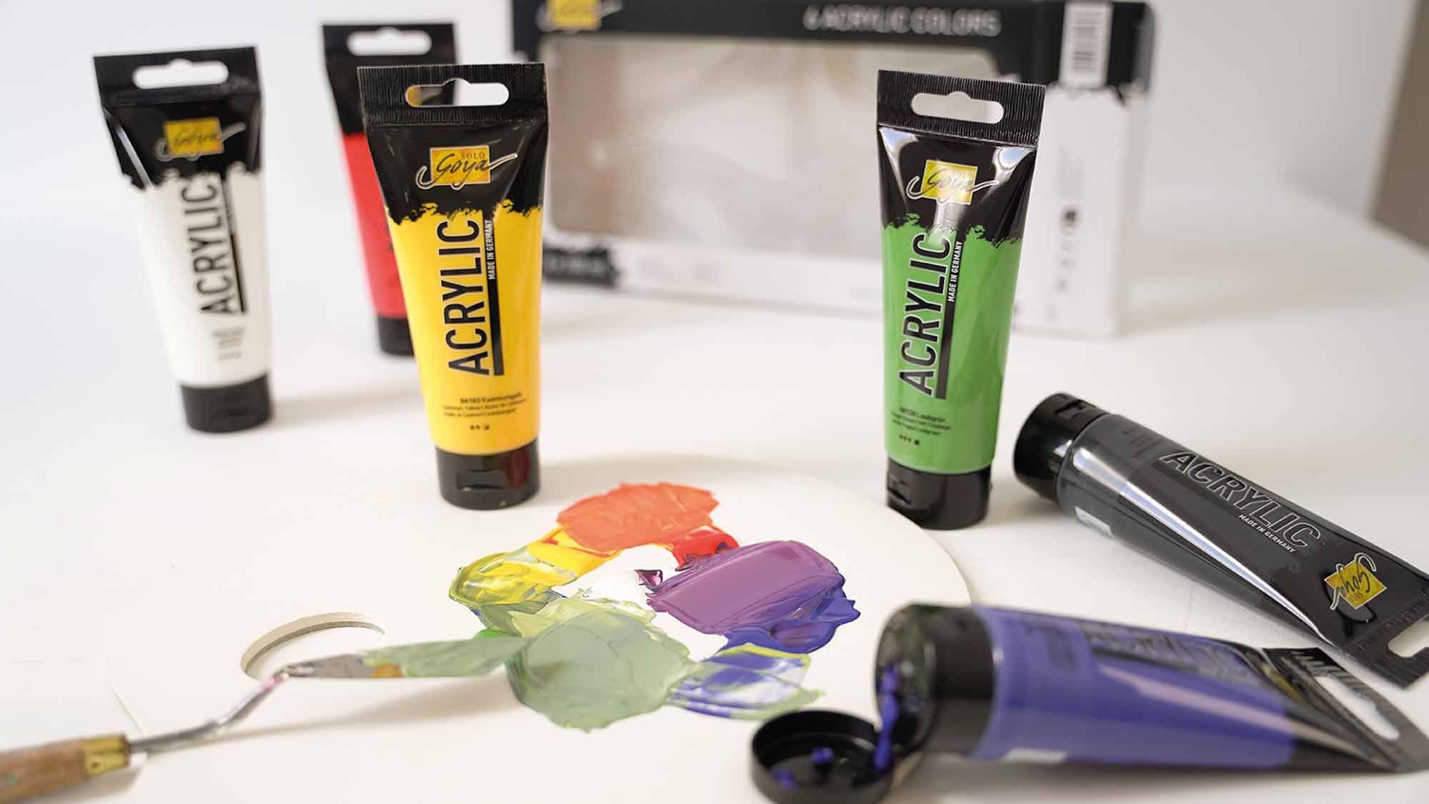 SOLO GOYA acrylic colour tubes showing white, yellow, red, green, blue and black