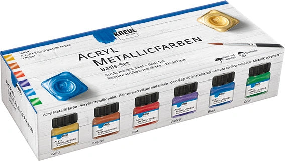 KREUL Acrylic Metallic Paint Basic Set of 6 x 20 ml jars with brush