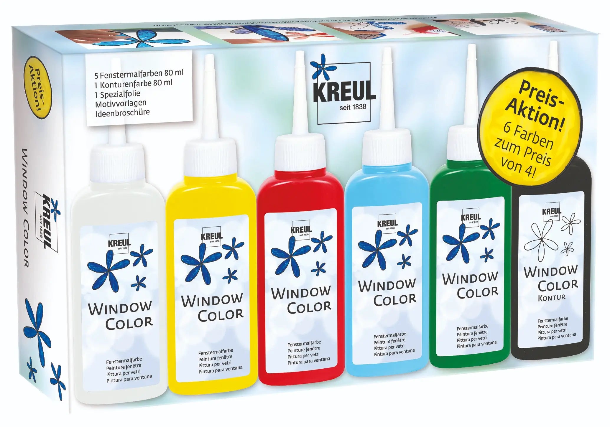 KREUL Window Color Promotion Set with 5 paints, contour color and stencils