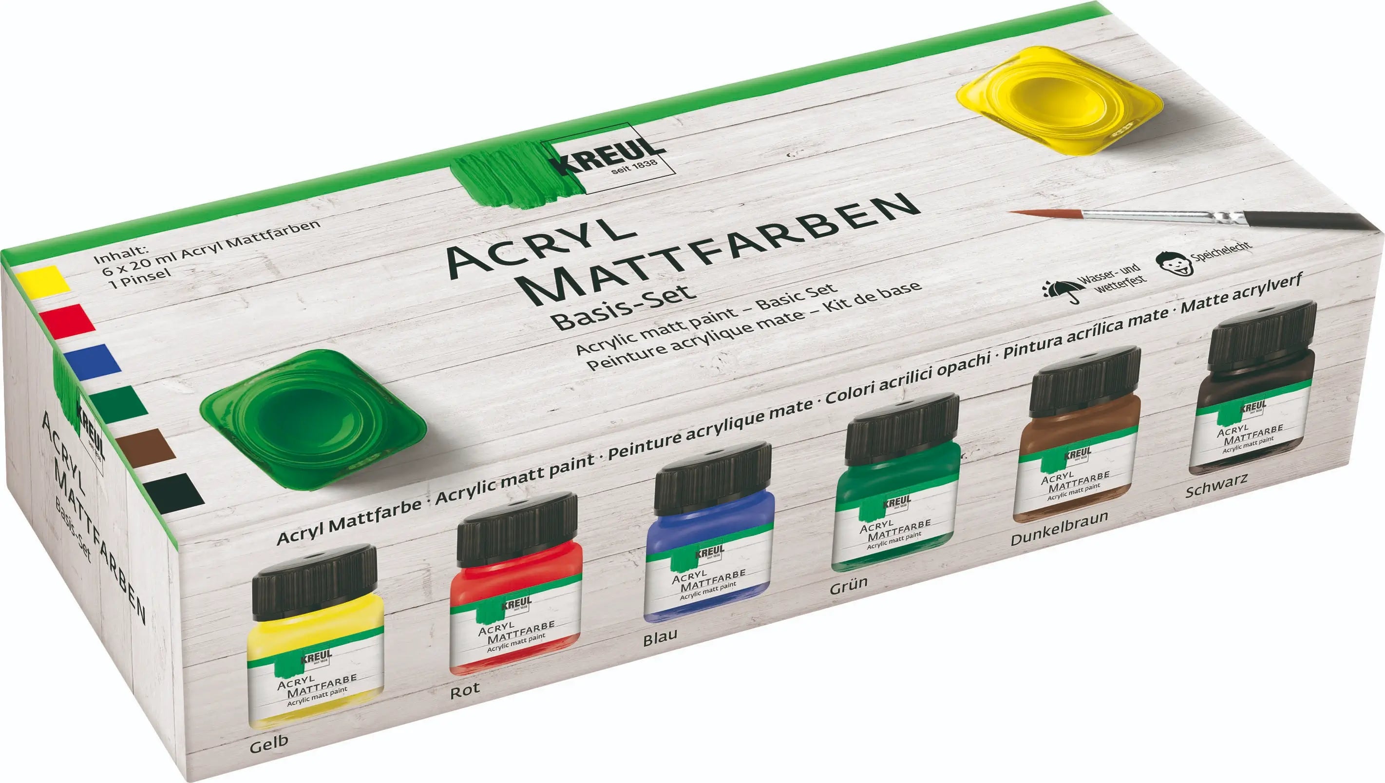 KREUL Acrylic Matt Paint Basic Set of 6 x 20 ml jars with brush
