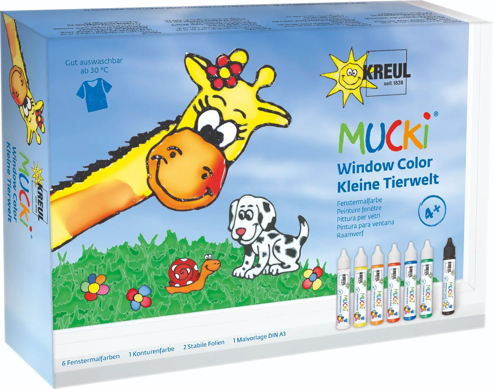 Child painting animal shapes with MUCKI window color pens