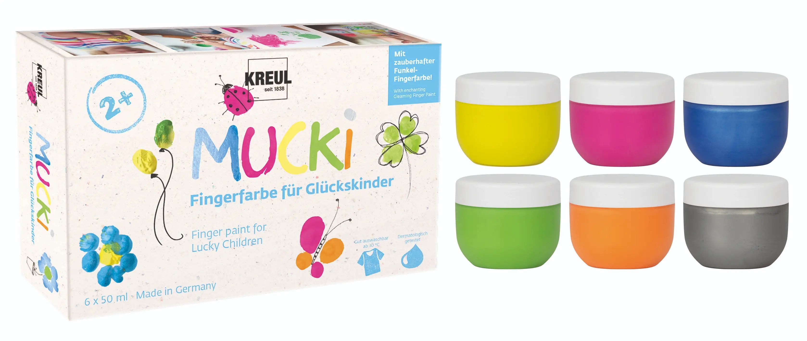 MUCKI Finger Paint for Children of Fortune set with 6 small jars in bright colors and glitter shades.