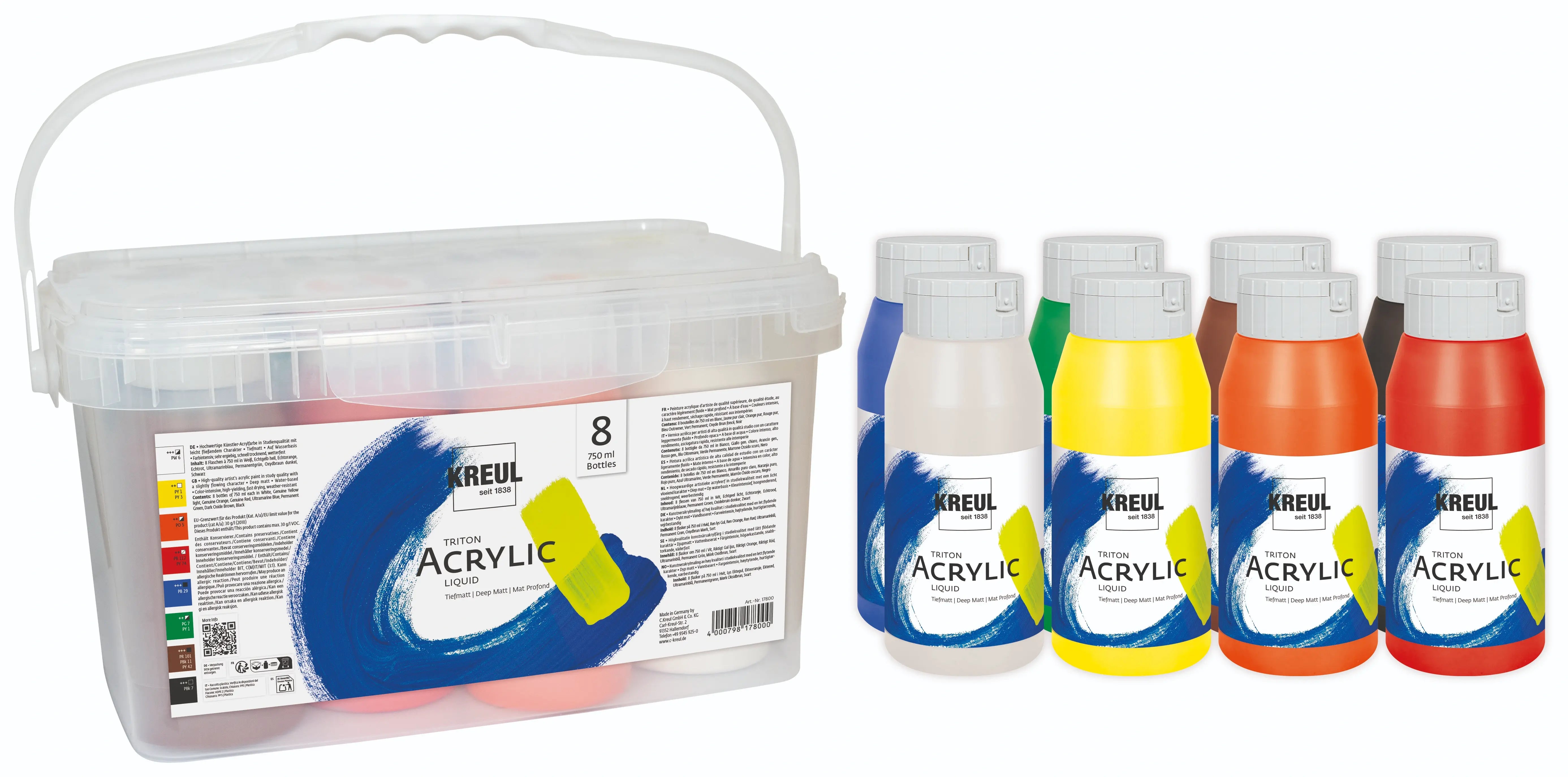 Close‑up of KREUL Triton Acrylic Liquid bottles showing flowing acrylic paint in bright colors.