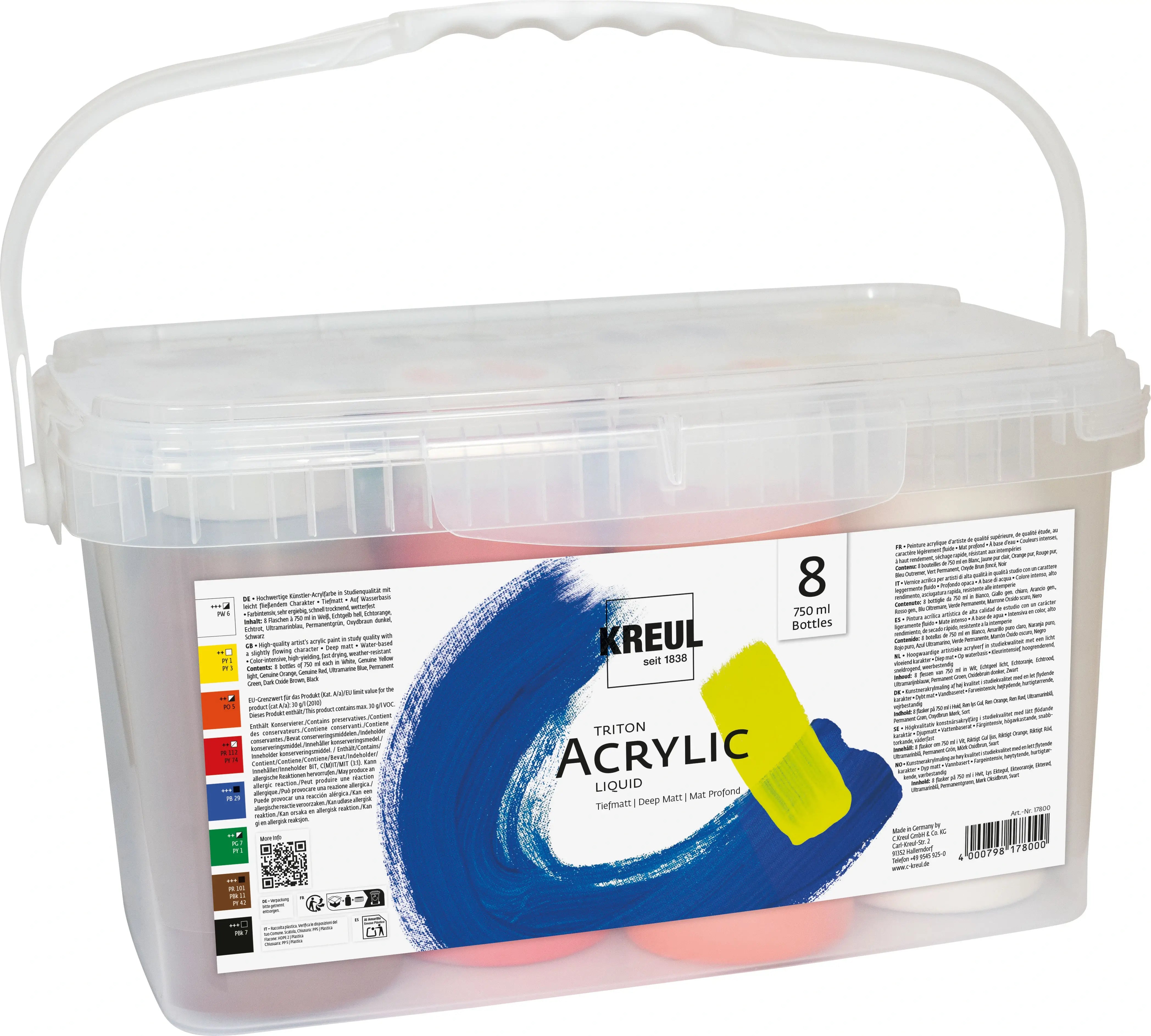 KREUL Triton Acrylic Liquid Powerpack with 8 bottles of 750 ml in a reusable box.