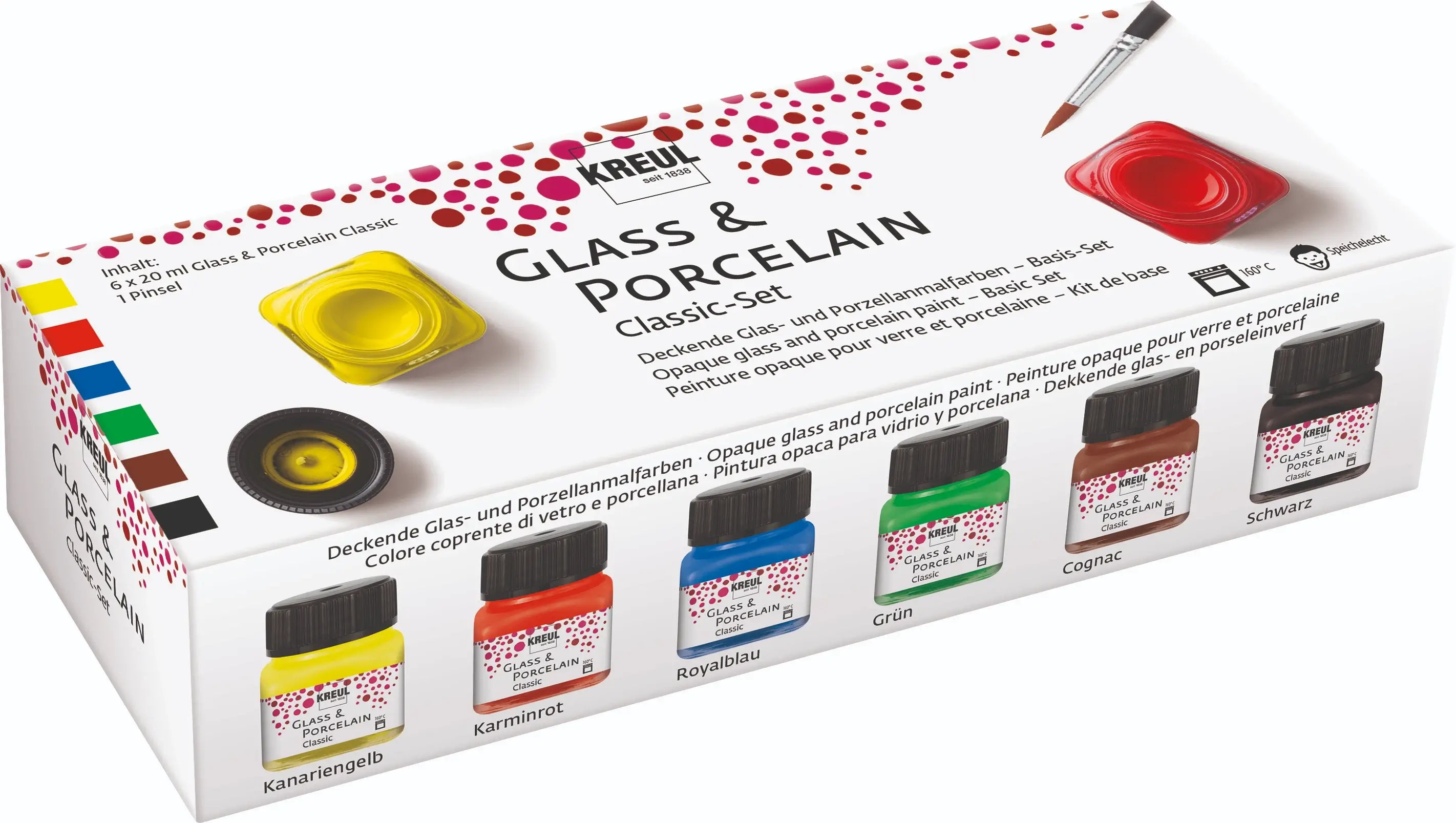 KREUL Glass & Porcelain Classic paint set of 6 jars and brush in cardboard box