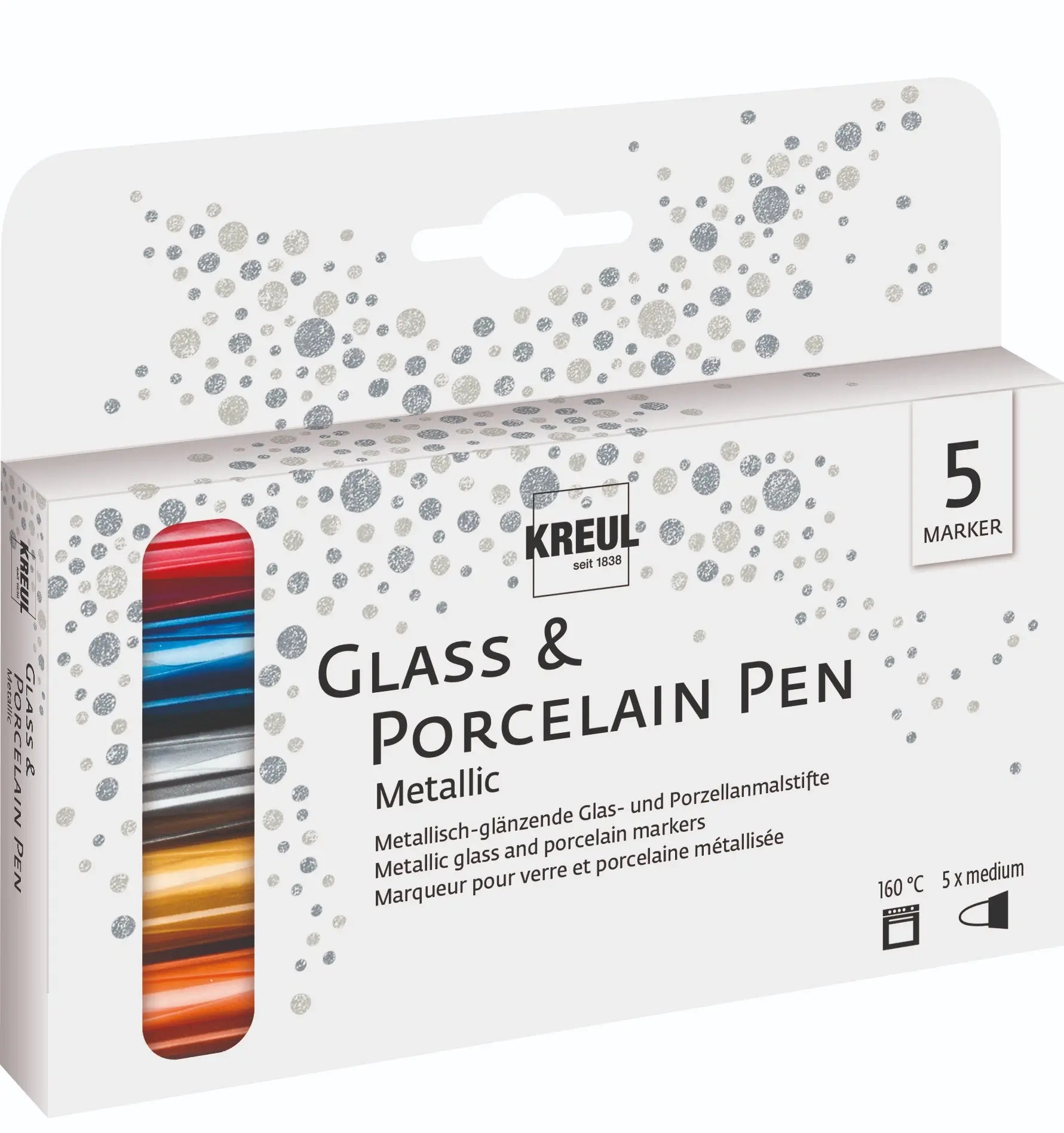 KREUL Glass & Porcelain Pen Metallic medium set of 5 with colored markers