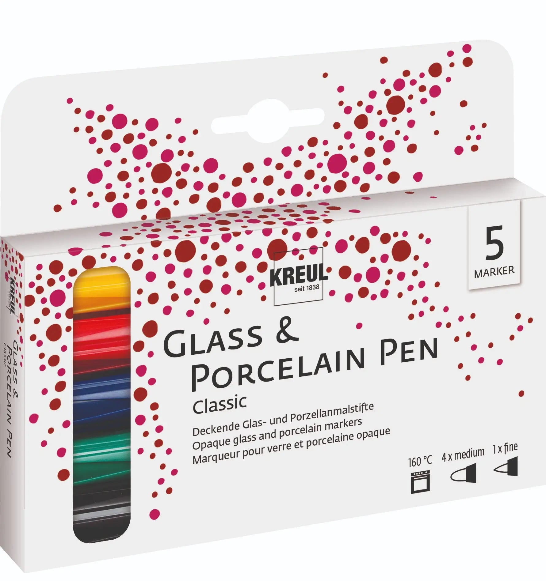 KREUL Glass & Porcelain Pen Classic Set of 5 in assorted colors for decorating heat-resistant glass, porcelain, ceramic