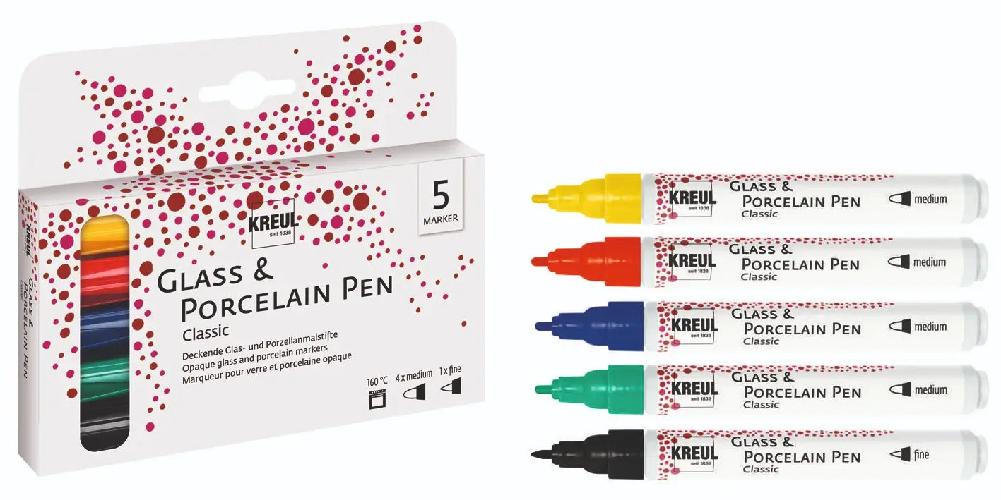 Close-up of five KREUL Glass & Porcelain Pens in assorted colors: yellow, red, blue, green, and black with fine tips
