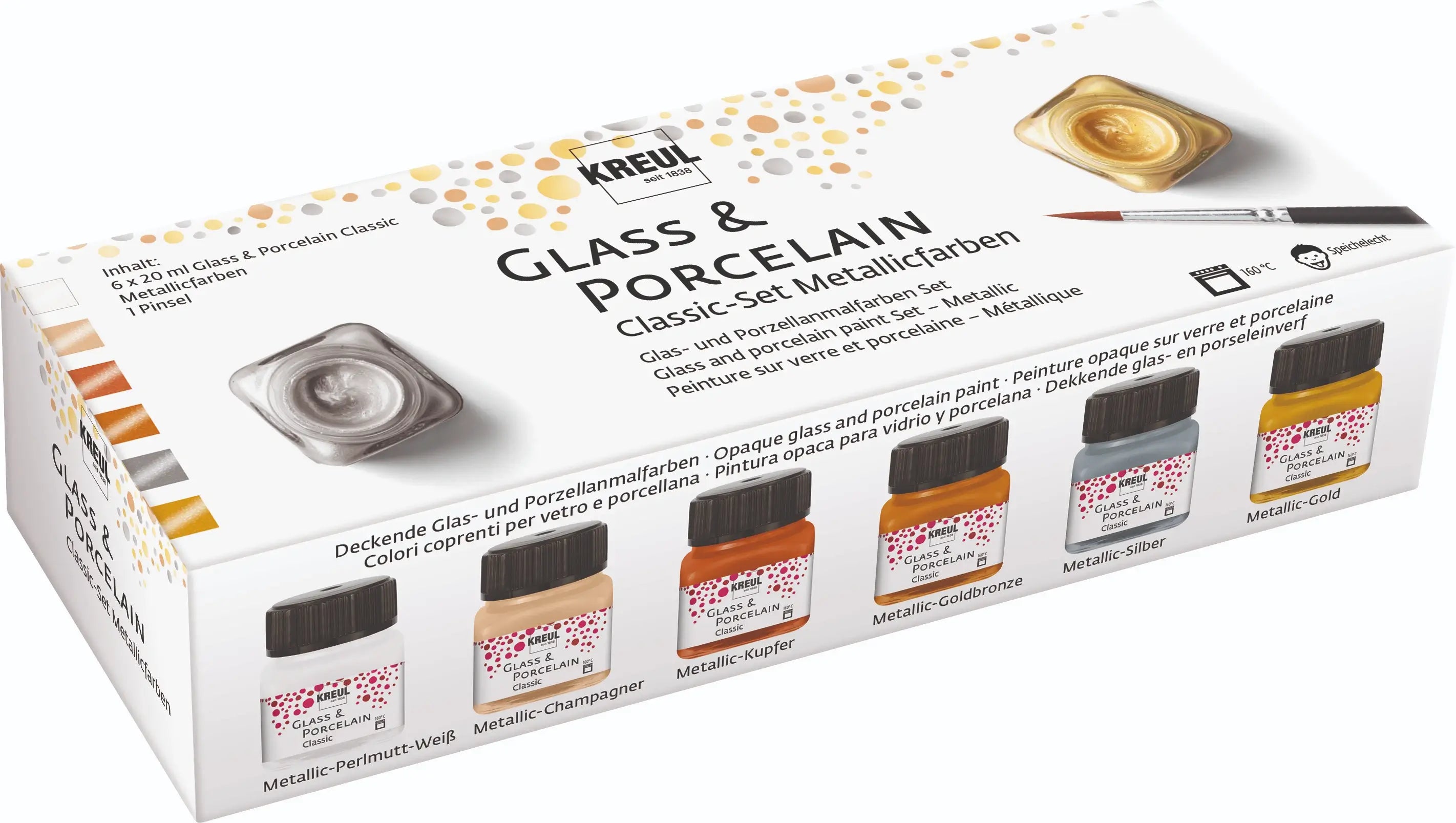 KREUL Glass & Porcelain Classic metallic paint set with 6 jars and brush in cardboard box.