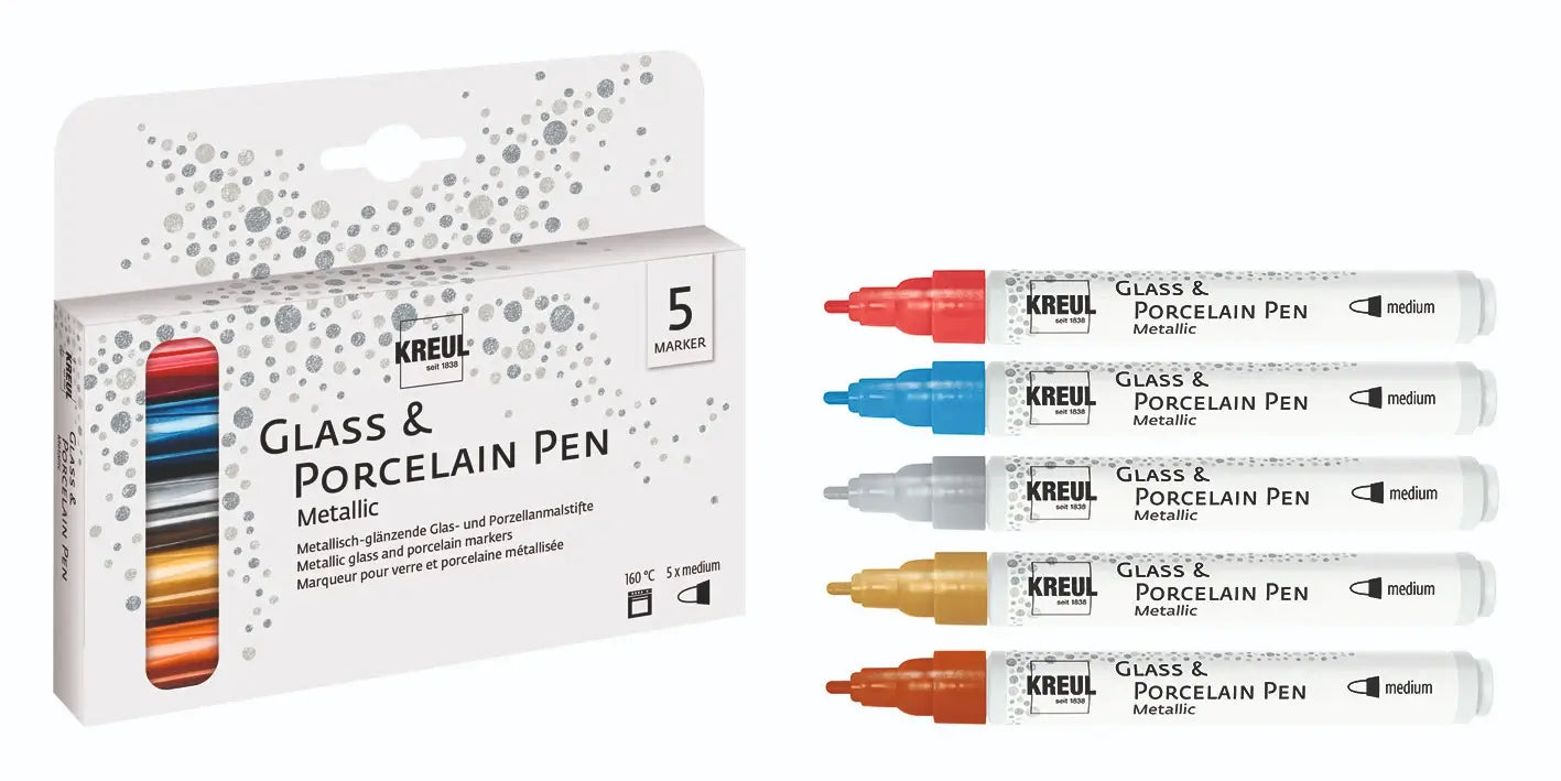 Close-up detail of KREUL glass and porcelain pen markers showing colors and tips
