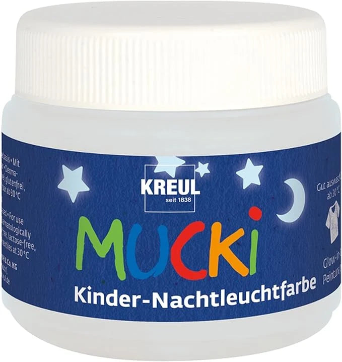 MUCKI Kids Glow-in-the-Dark Paint 150 ml jar with night glowing artwork for children