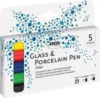 KREUL Glass & Porcelain Pen Clear set of 5 transparent glass and porcelain markers with medium and fine tips in yellow red bl
