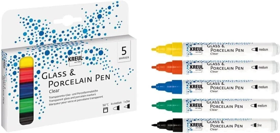 KREUL Glass & Porcelain Pen Clear set of 5 transparent glass and porcelain markers with medium and fine tips in yellow red bl