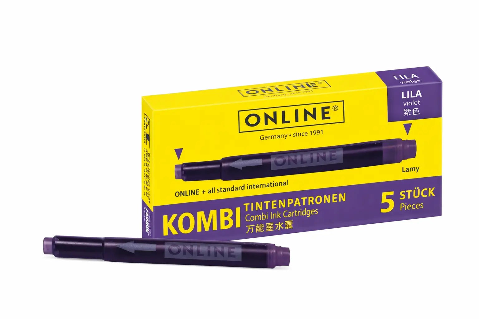 ONLINE Combi Ink Cartridge – Lilac color, standard international ink cartridge pack (5 pieces).