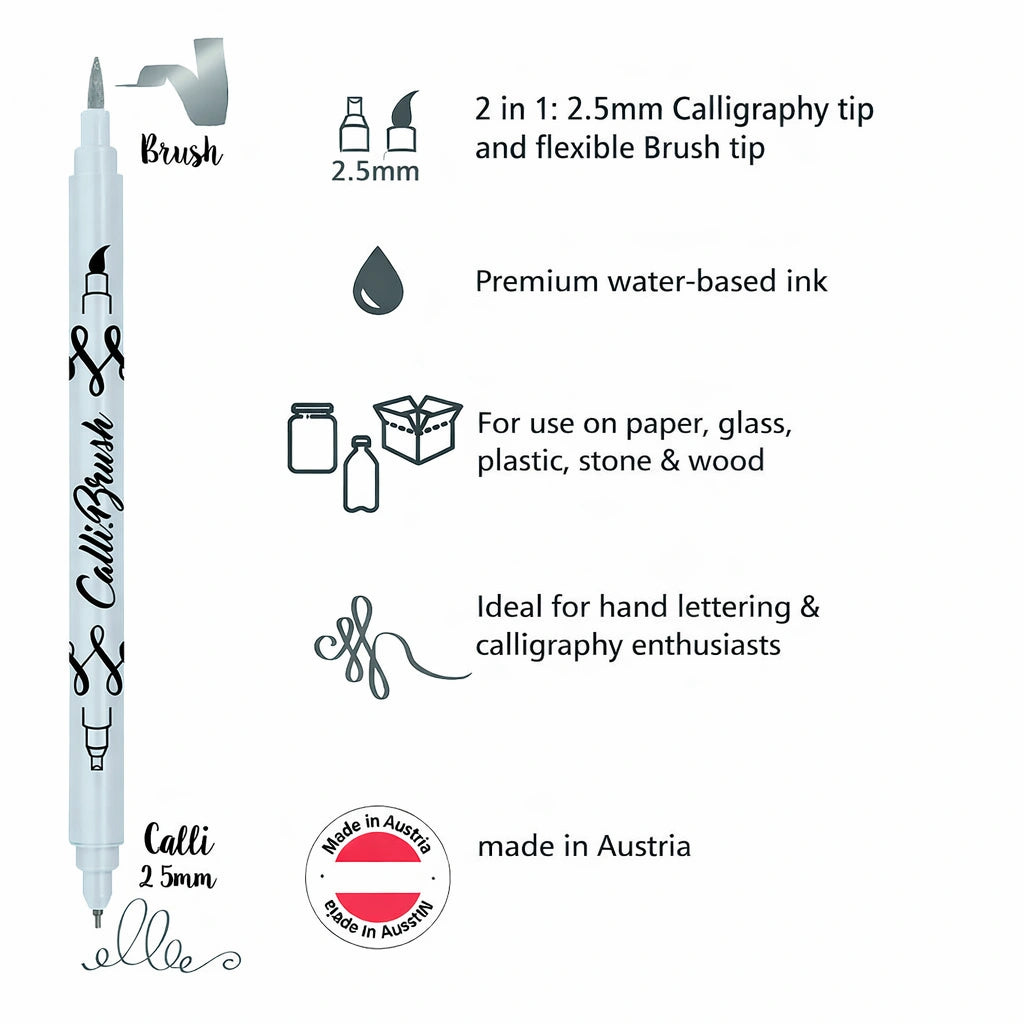 Smooth Metallic Silver Ink with Brush & 2.5mm Tip