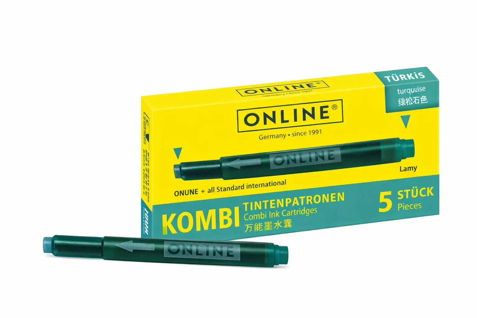 ONLINE Combi Ink Cartridge – Turquoise color, standard international ink cartridge pack (5 pieces).