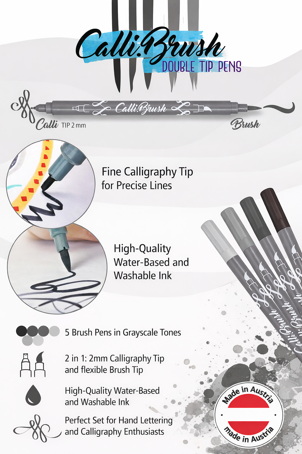 Hand lettering grey brush pen set close up