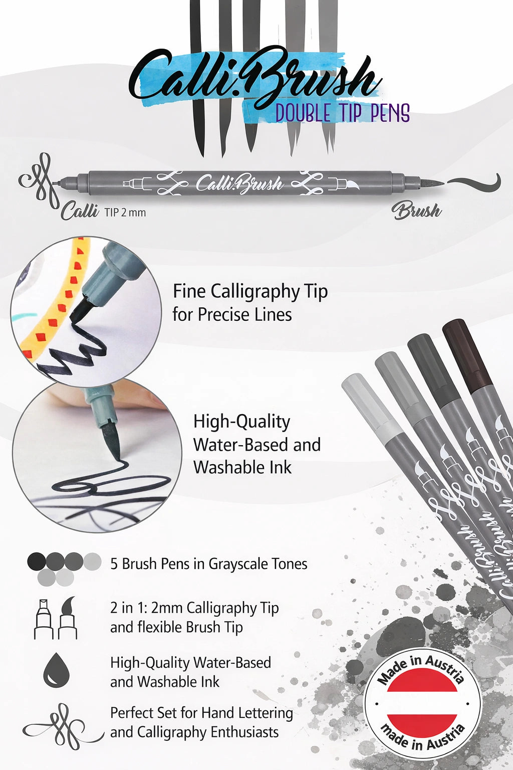 Dual tip brush and calligraphy pen grayscale set