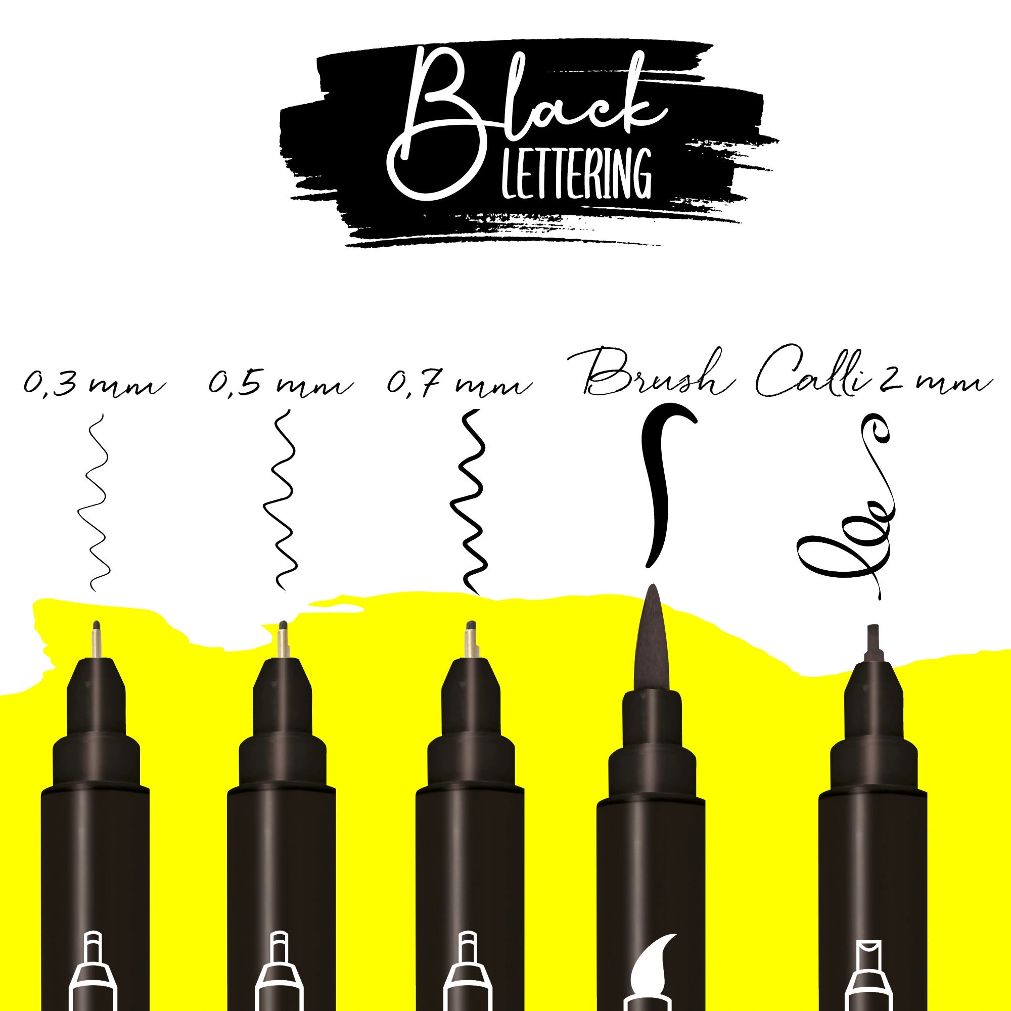 0.3mm 0.5mm 0.7mm brush and 2mm calligraphy tips