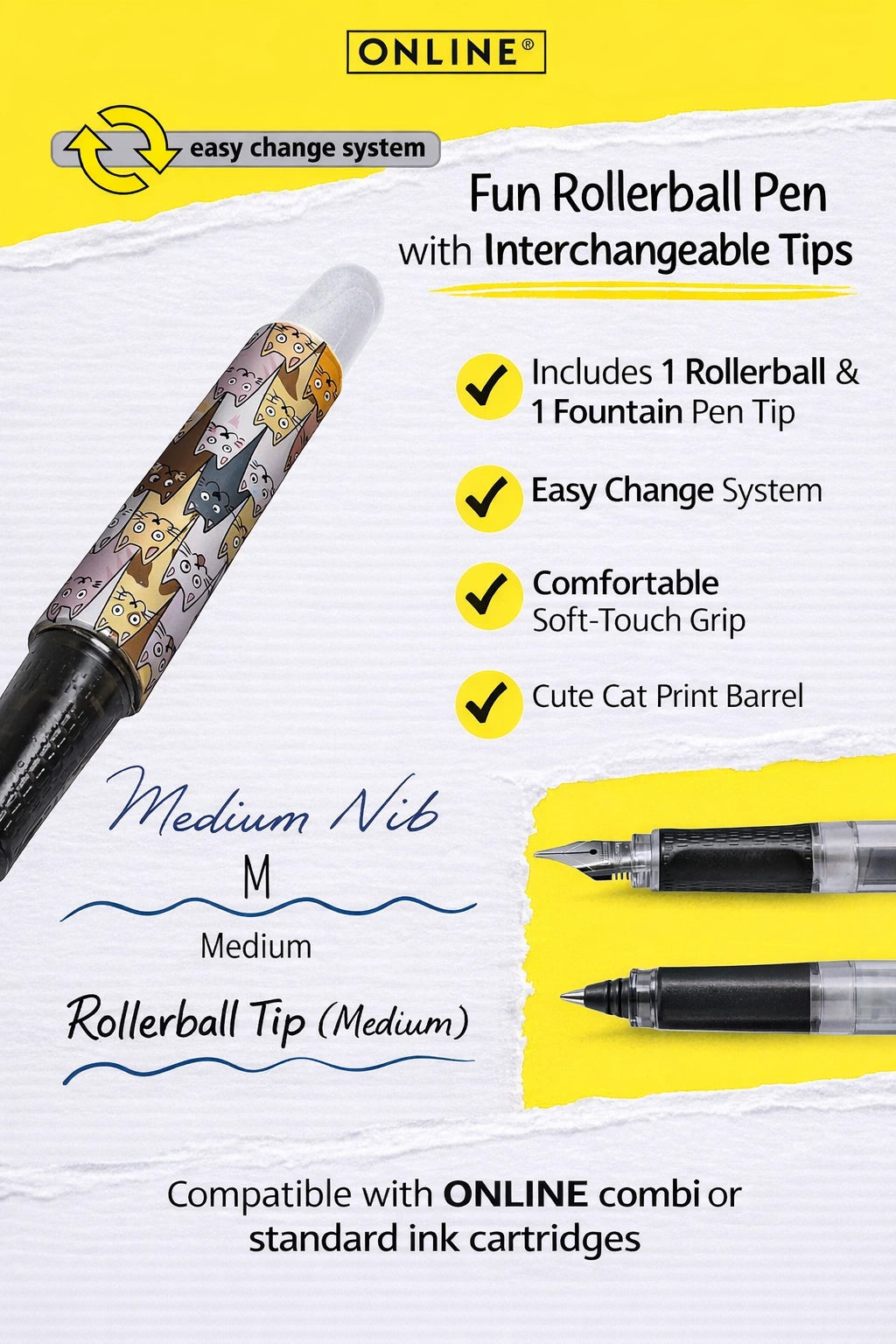 ONLINE AYN College II Fluffy Cats Design with Medium Nib and Rollerball Tip