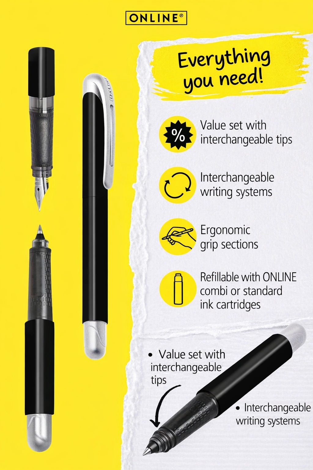 ONLINE AYN College II Black Classic 2-in-1 Fountain and Rollerball Pen