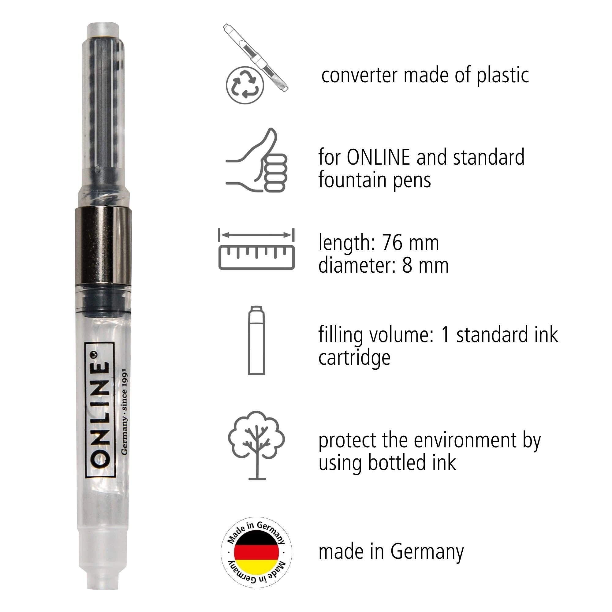 "ONLINE fountain pen ink converter refill piston type packed in celophane bag compatible with standard fountain pens 7.6 cm l