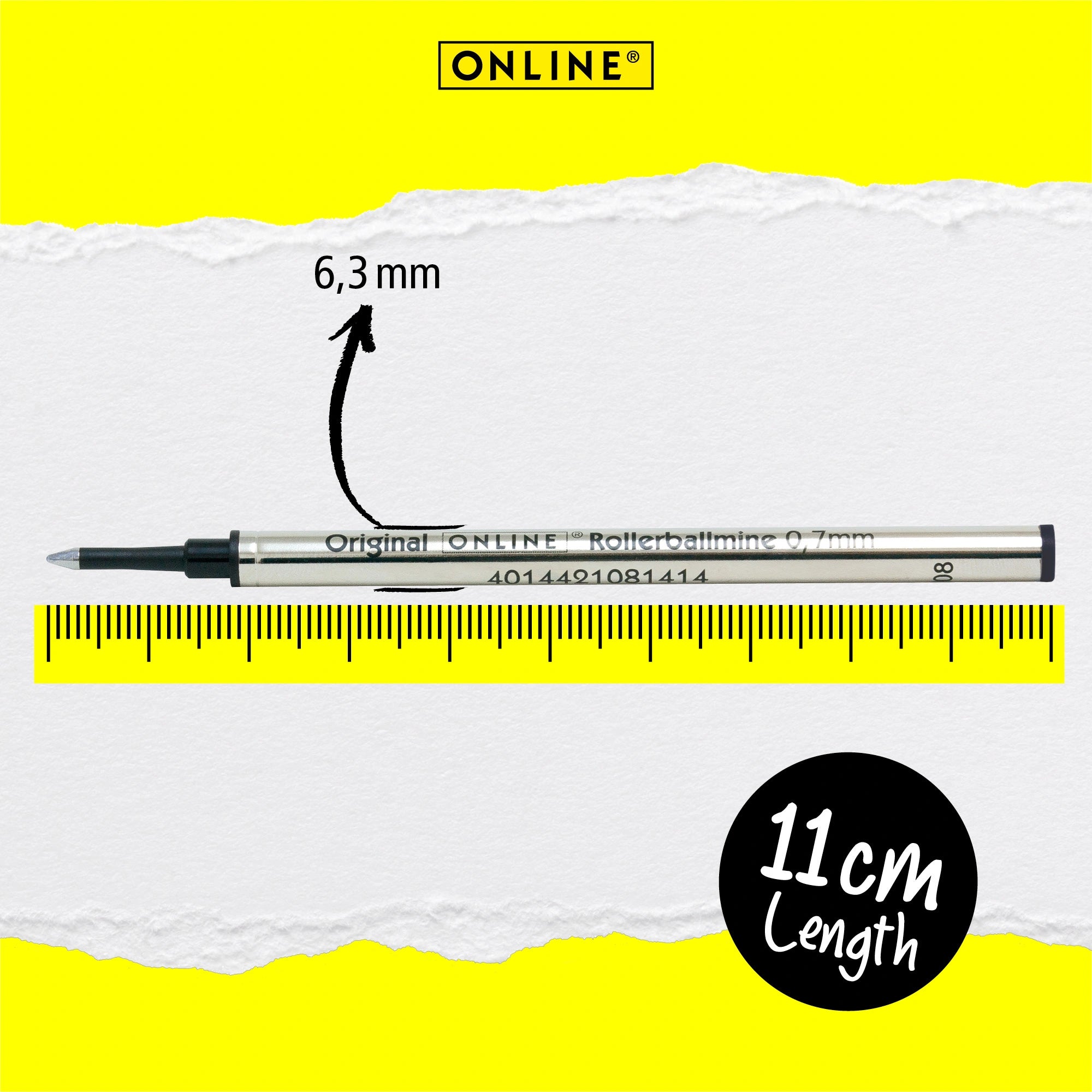 Close-up of ONLINE 0.7mm rollerball refill showing metal body and ceramic tip