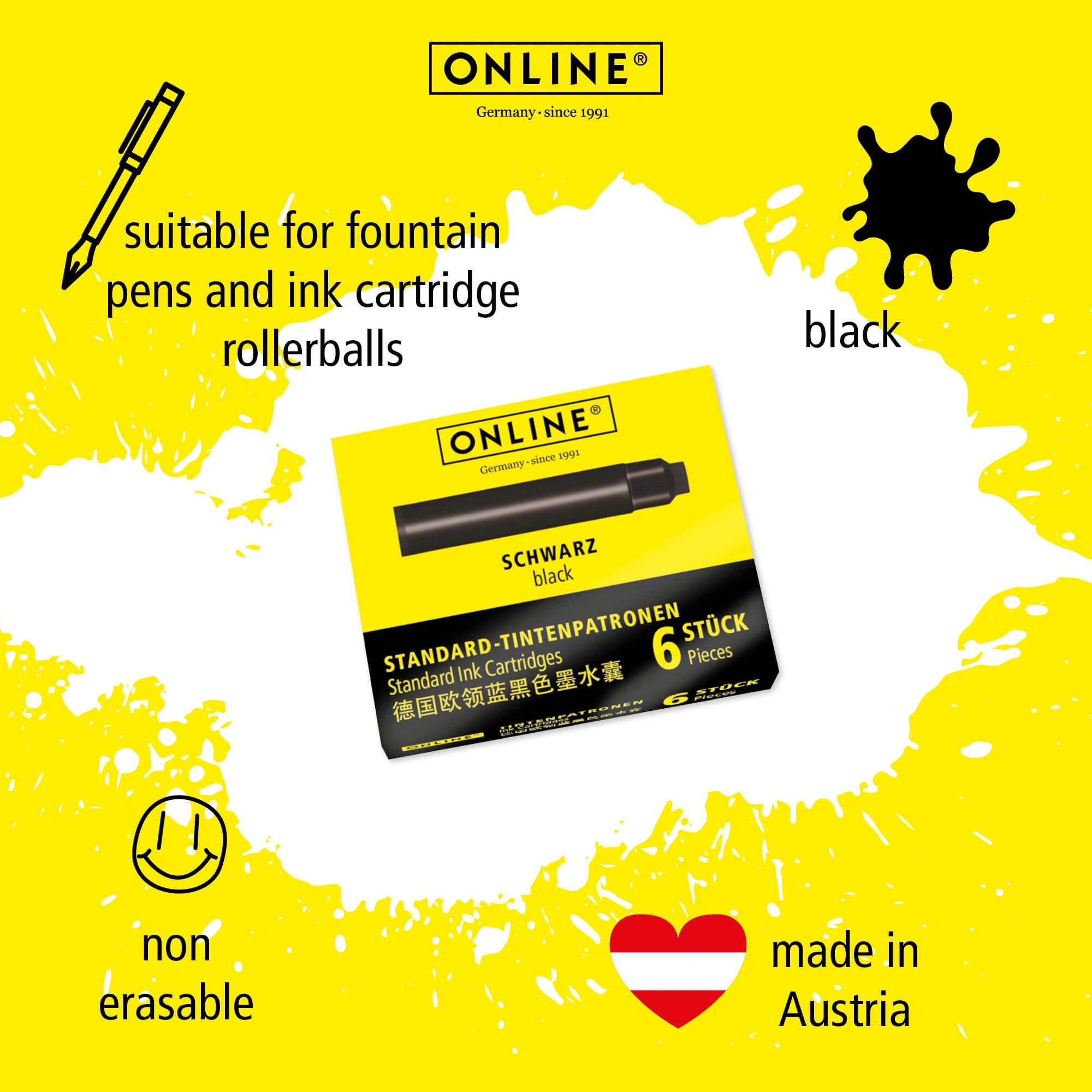 Black standard fountain pen ink cartridges 6 pack compatible with standard fountain pens and rollerball pens