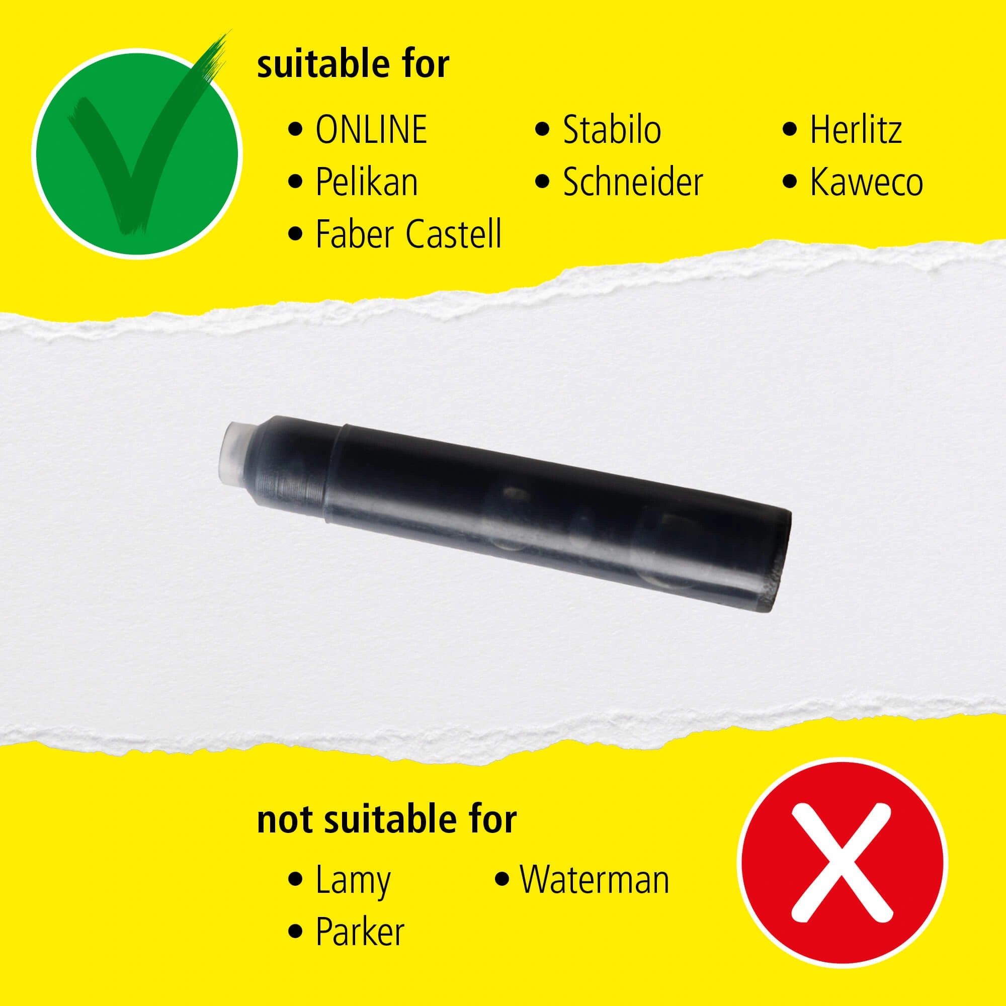 Black standard fountain pen ink cartridges 6 pack compatible with standard fountain pens and rollerball pens