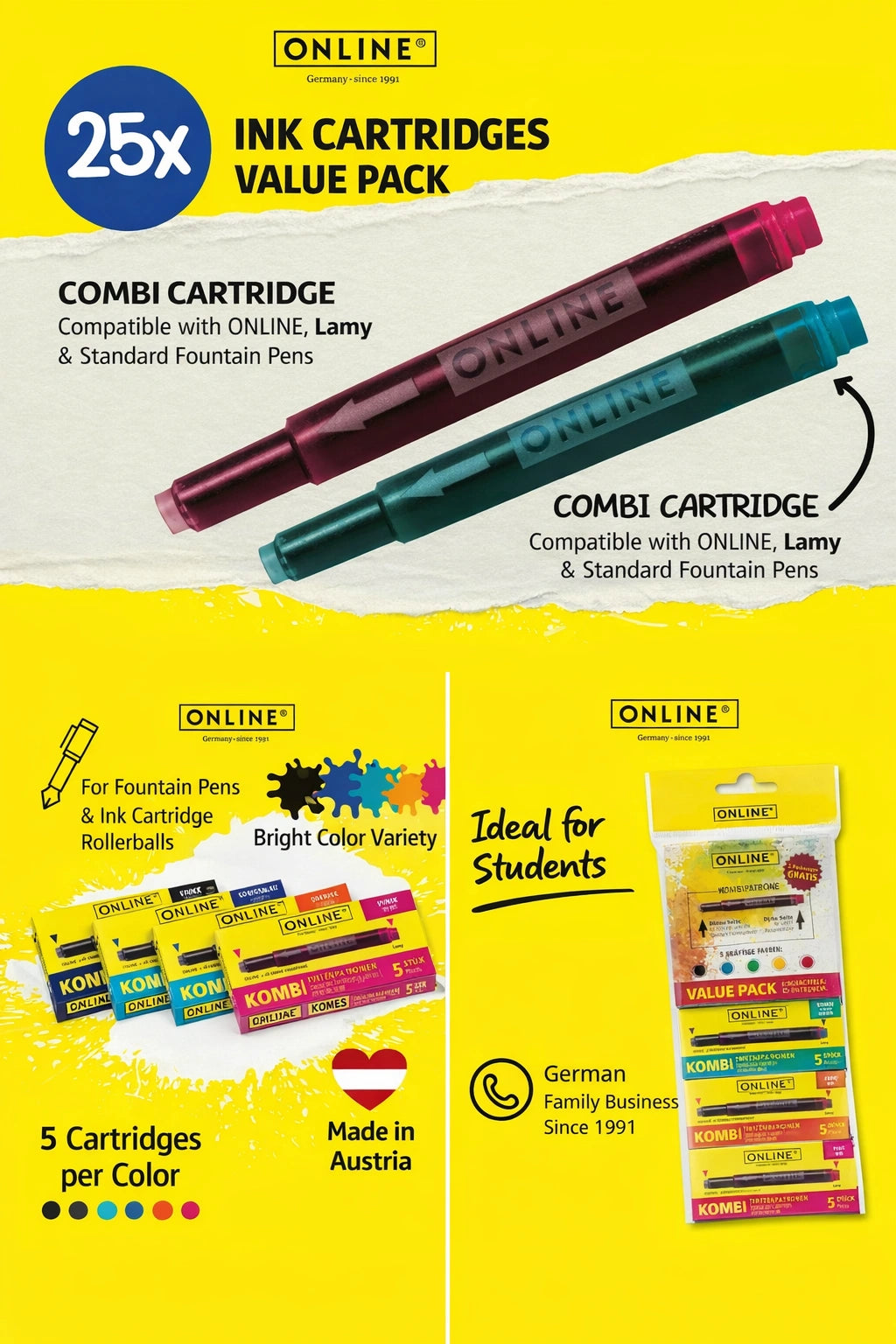 ONLINE Combi ink cartridges assorted colours 5 boxes maxi pack blue black pink orange turquoise
