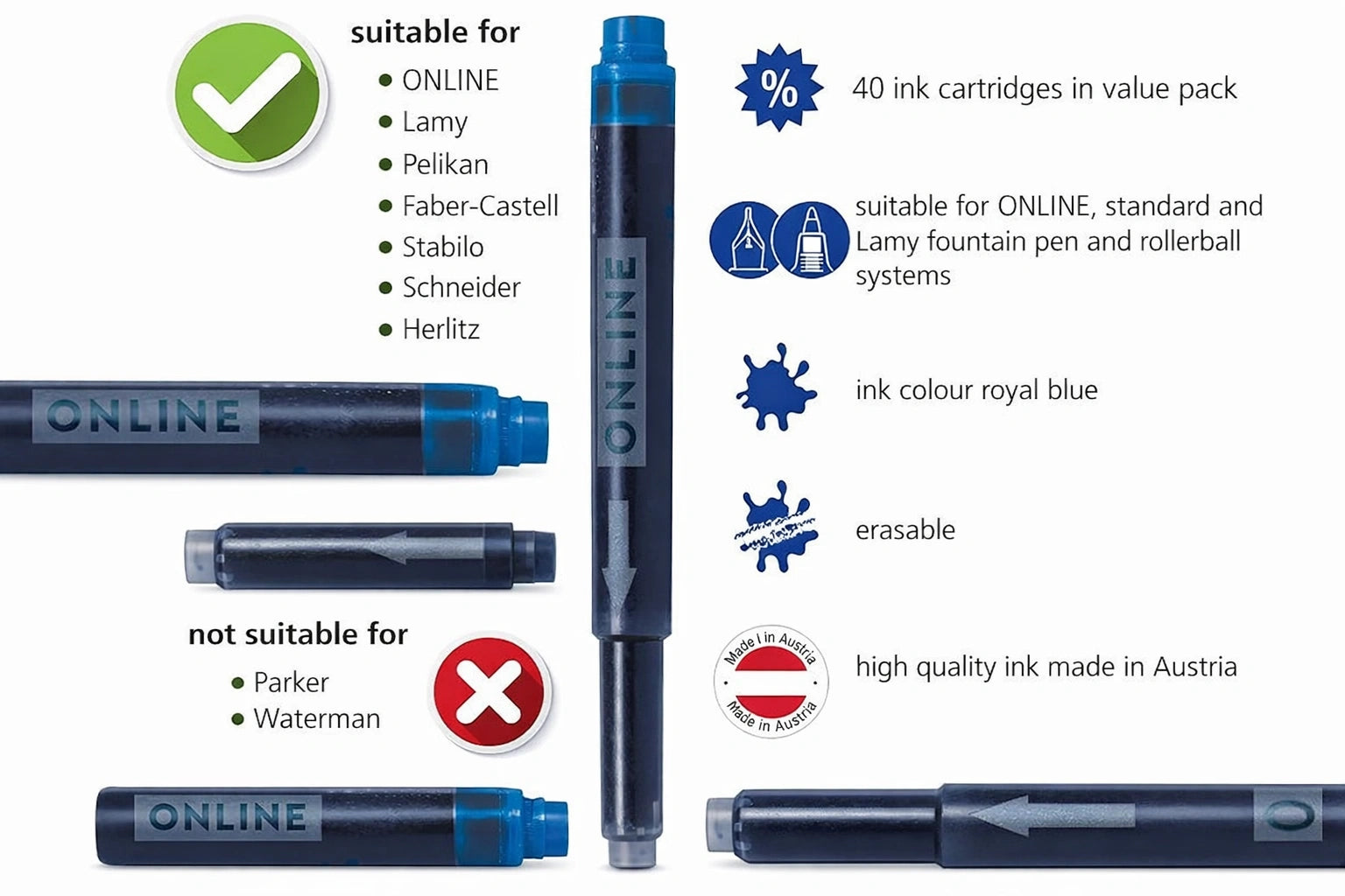 ONLINE Combi ink cartridge  blue dual side compatible with Lamy and standard fountain pens