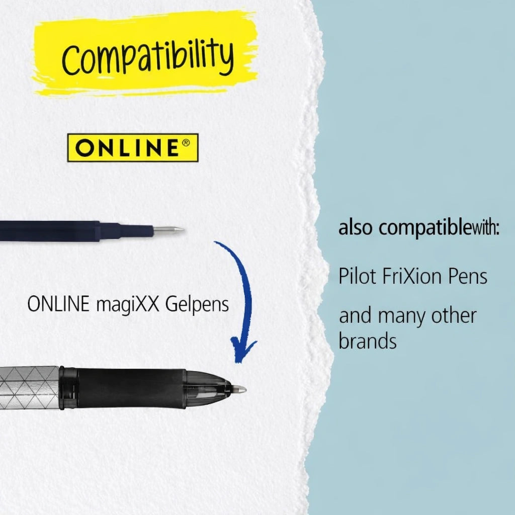 Online Magixx Erasable Gel Pen Refills 0.7mm – Blue, Black, Red, Green, Lilac, Turquoise (Pack of 3)