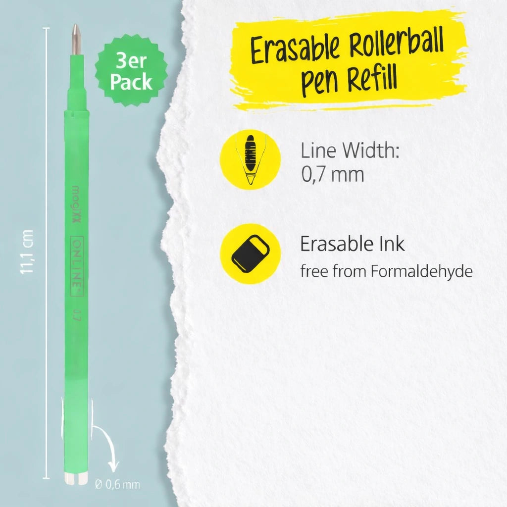 Online Magixx Erasable Gel Pen Refills 0.7mm – Blue, Black, Red, Green, Lilac, Turquoise (Pack of 3)