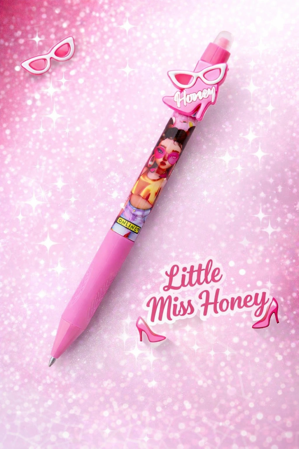 Little Miss Honey – Stylish gel pen with pink honey glasses topper