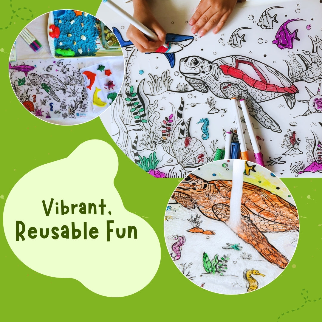 Reusable colouring mat being wiped clean – vibrant colours that erase for repeat fun – PepPlay India