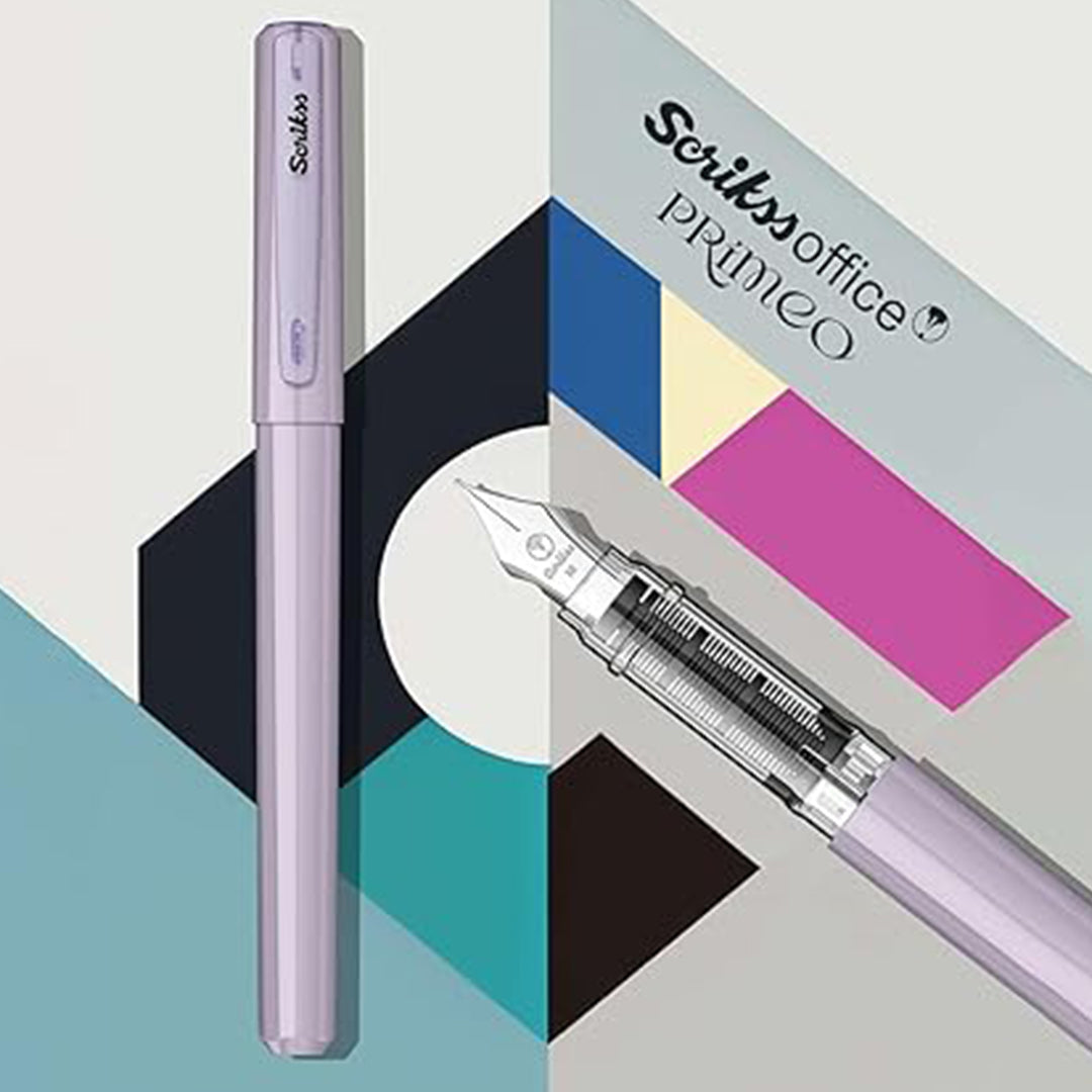 Scrikss Primeo Medium Nib Fountain Pen | 3 Cartridges Included | Stainless Steel Nib & ABS Body | Lilac | in Blister Pack Scrikss