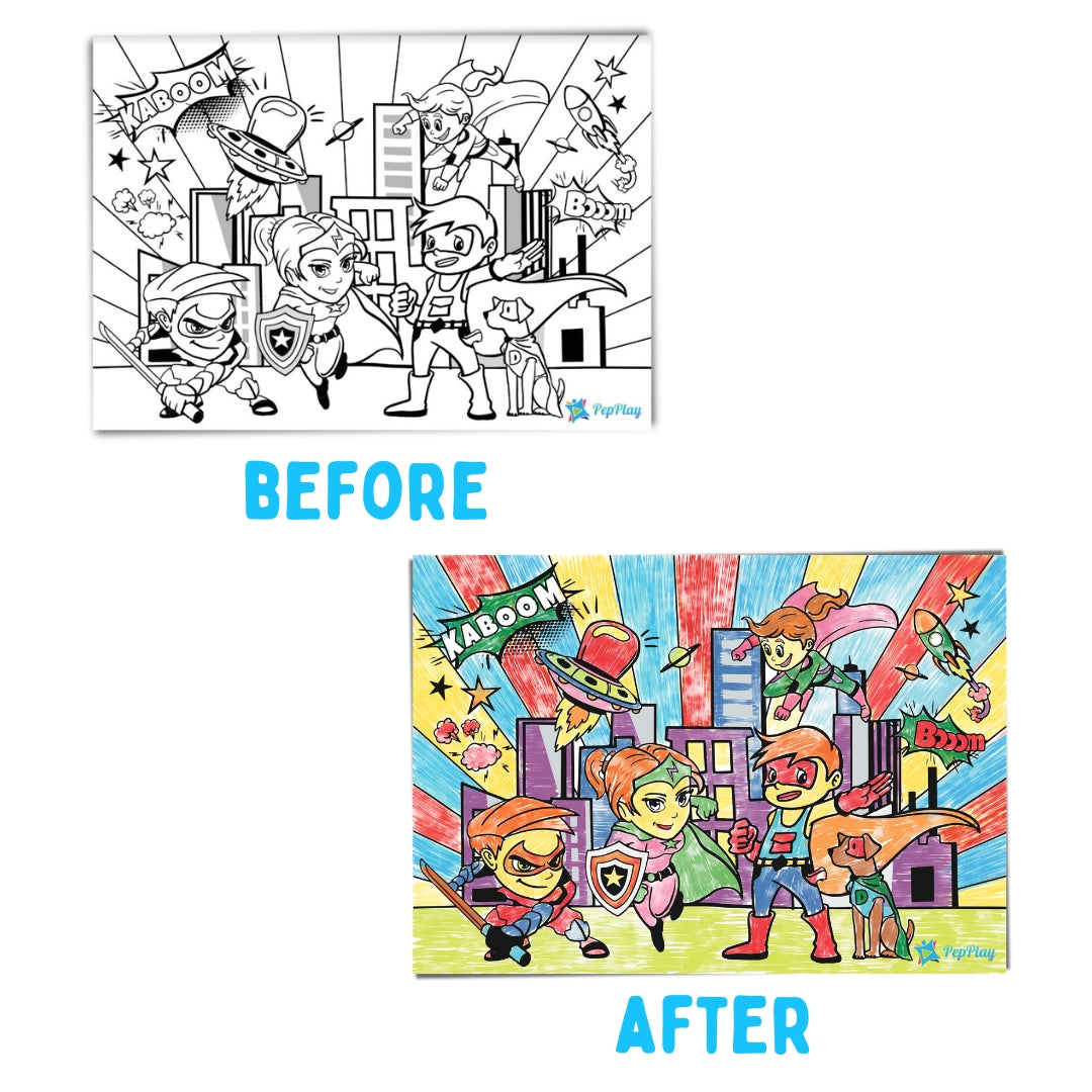 Before and after Super Power doodle mat – colour, wipe and reuse activity placemat – PepPlay India