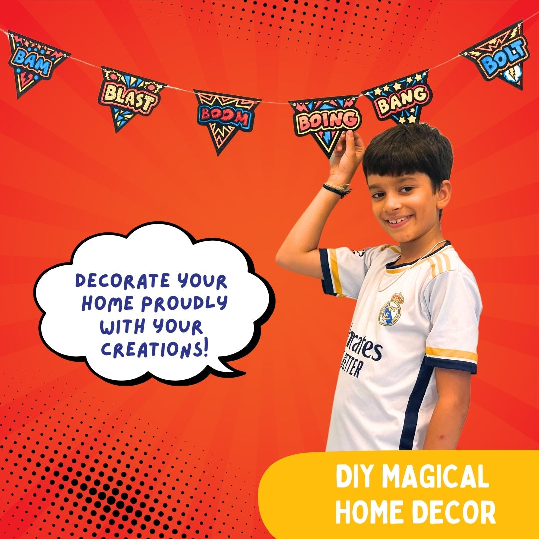 Child decorating a room with superhero craft bunting – DIY magical home decor activity – PepPlay India
