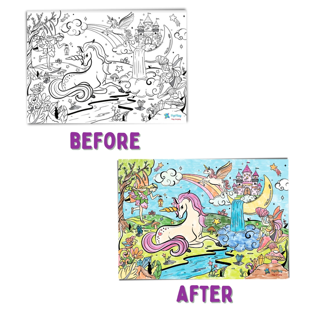 Magical Land – before and after view of black-and-white and coloured placemat – transforms into vibrant reusable 