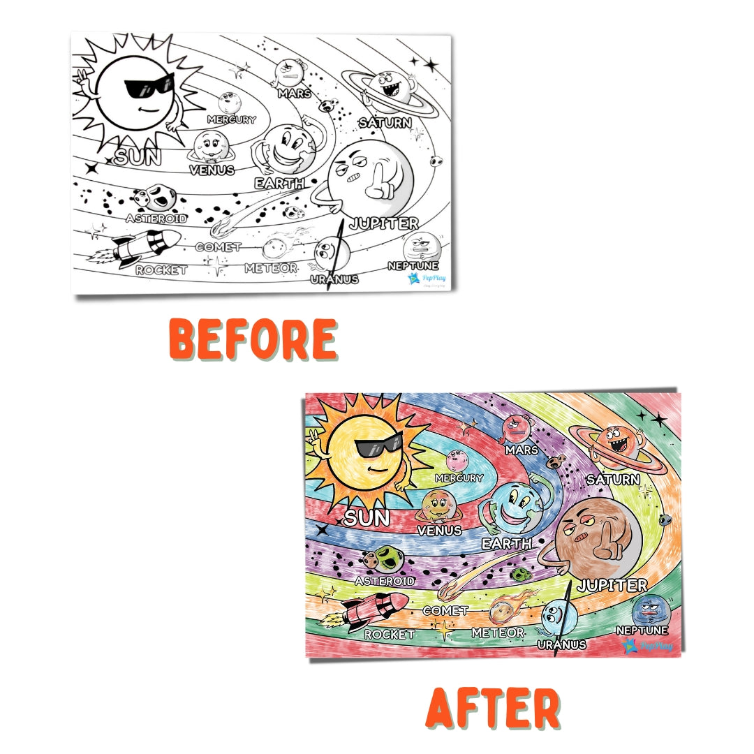 Before and after Space Saga doodle mat – colour, wipe and reuse activity placemat – PepPlay India