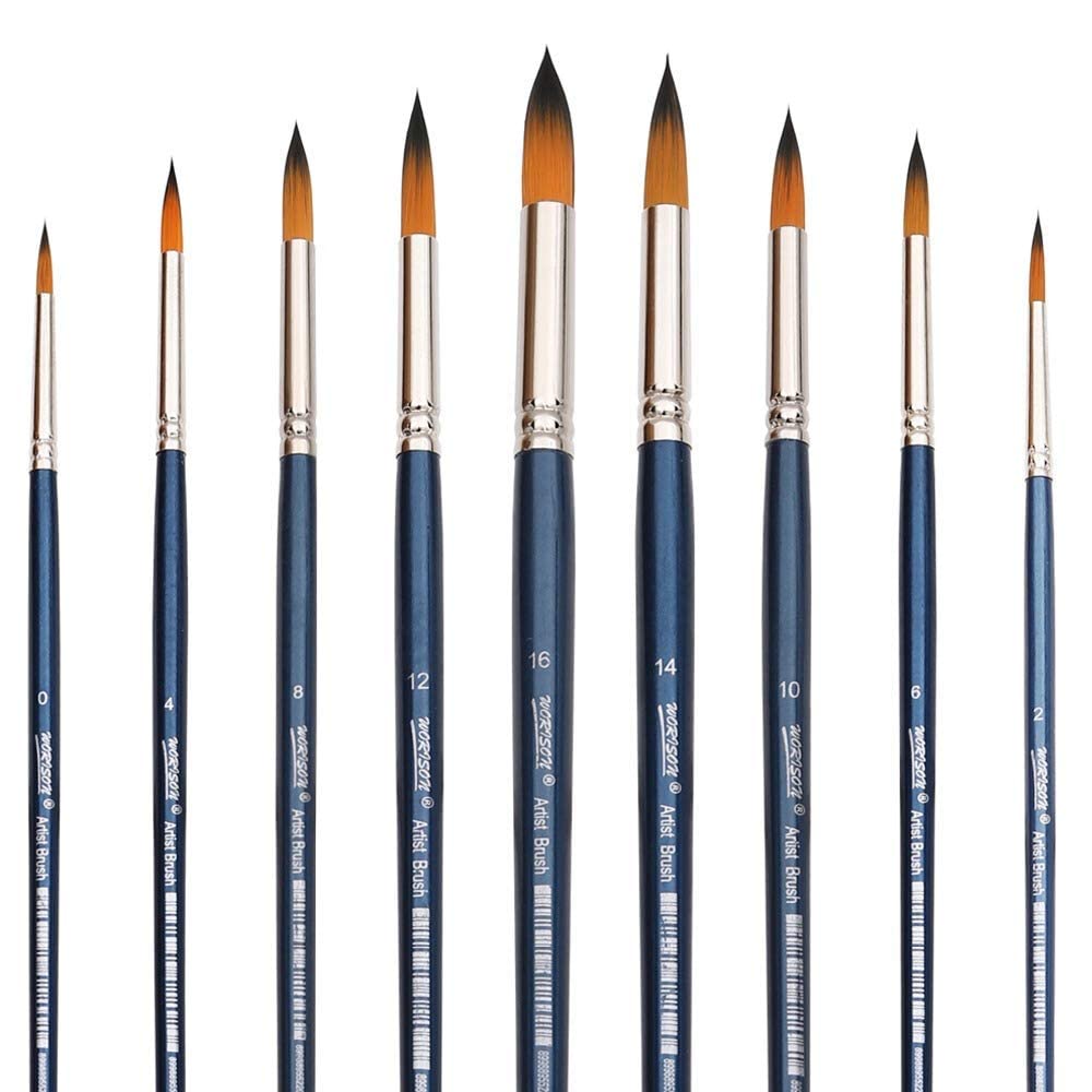 Worison Round Pointed Tip Synthetic Paintbrush Set with Long Wooden Ha