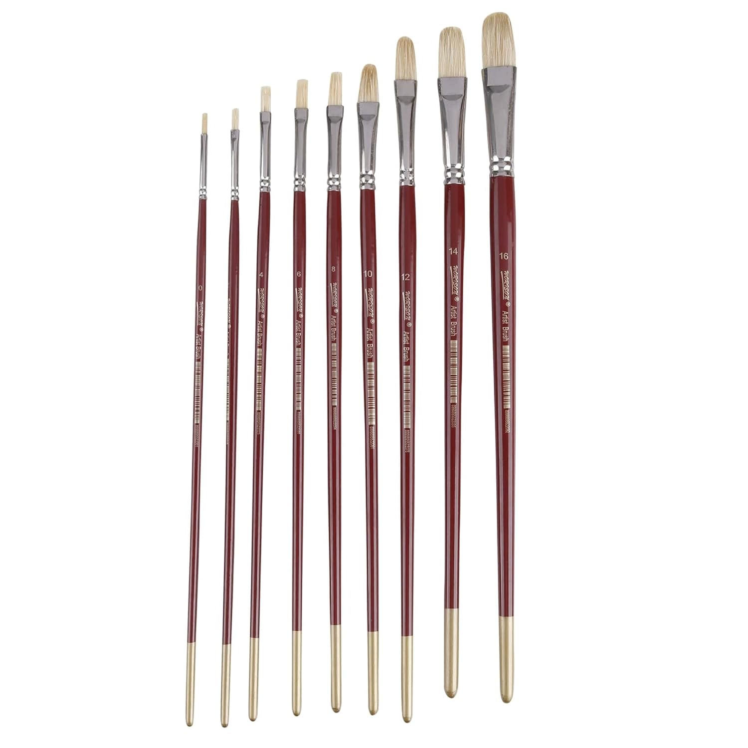 Worison Filbert Hard White Hair Long Handle Painting Brush Set of 9pc