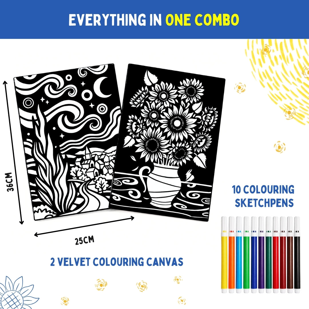 PepPlay Velvet Colouring Canvas, Set of 2 – Van Gogh Series - Sunflowers & Starry Night