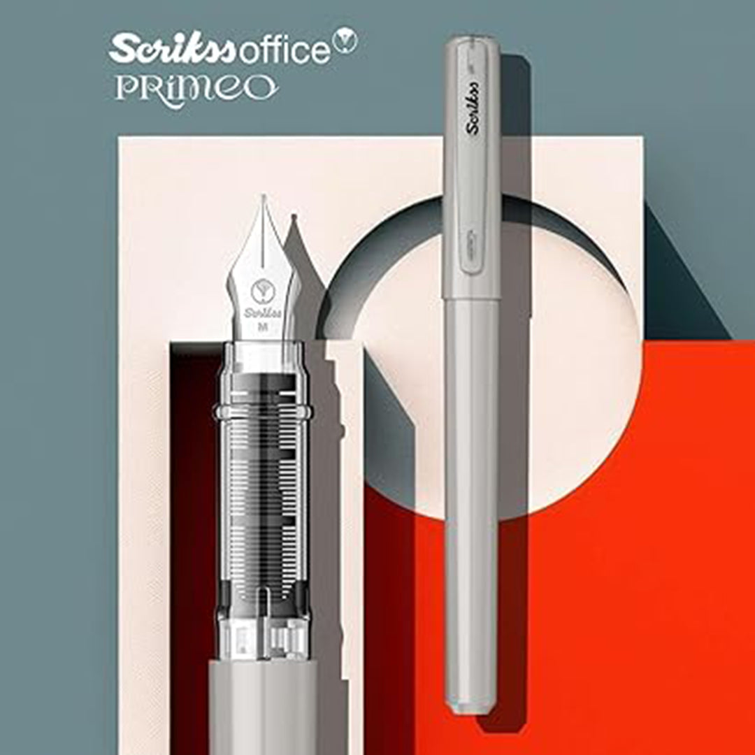 Scrikss Primeo Medium Nib Fountain Pen | 3 Cartridges Included | Stainless Steel Nib & ABS Body | Grey | in Blister Pack 7 Scrikss