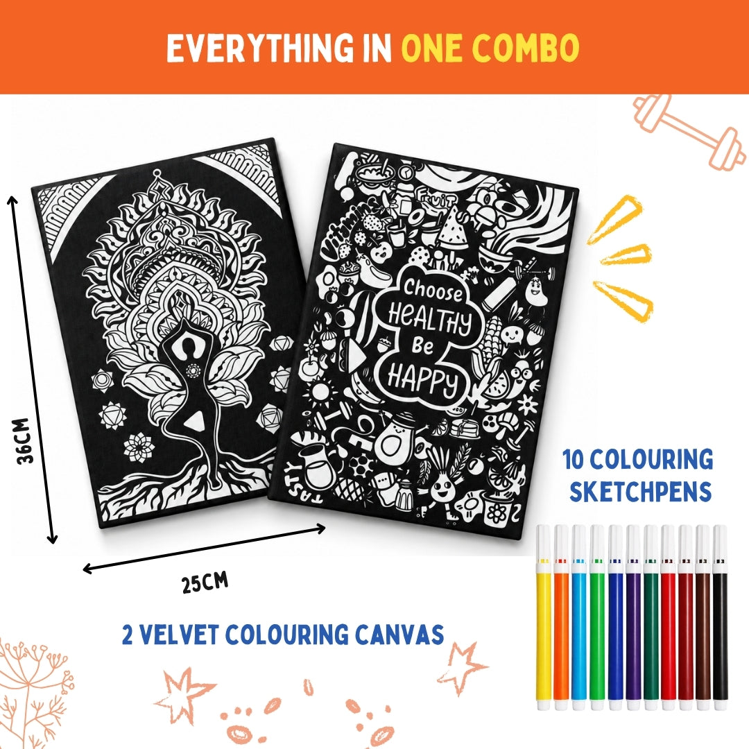 PepPlay Velvet Colouring Canvas, Set of 2 – Wellness Series Mindful Yoga & Healthy Be Happy - Wellness Combo