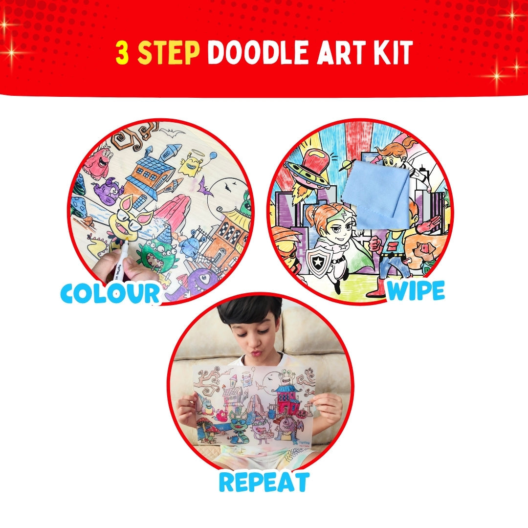 Three-step doodle art kit – colour, wipe and repeat reusable placemat activity – PepPlay India