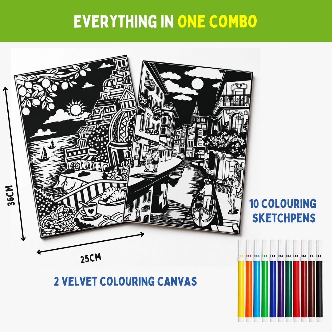PepPlay Velvet Colouring Canvas, Set of 2 – City Scape Series - Venice & Amalfi Coast