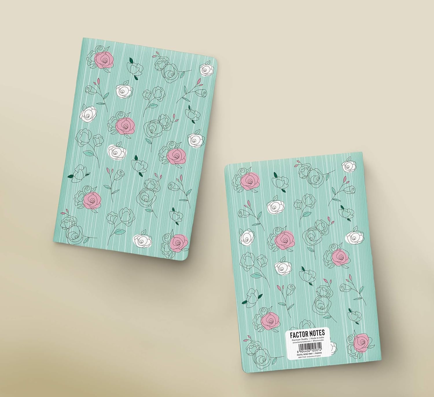 Factor Notes A5 Notebook - 100 GSM Plain 144 Pages (Pastel Mint Roses) Factor Notes
